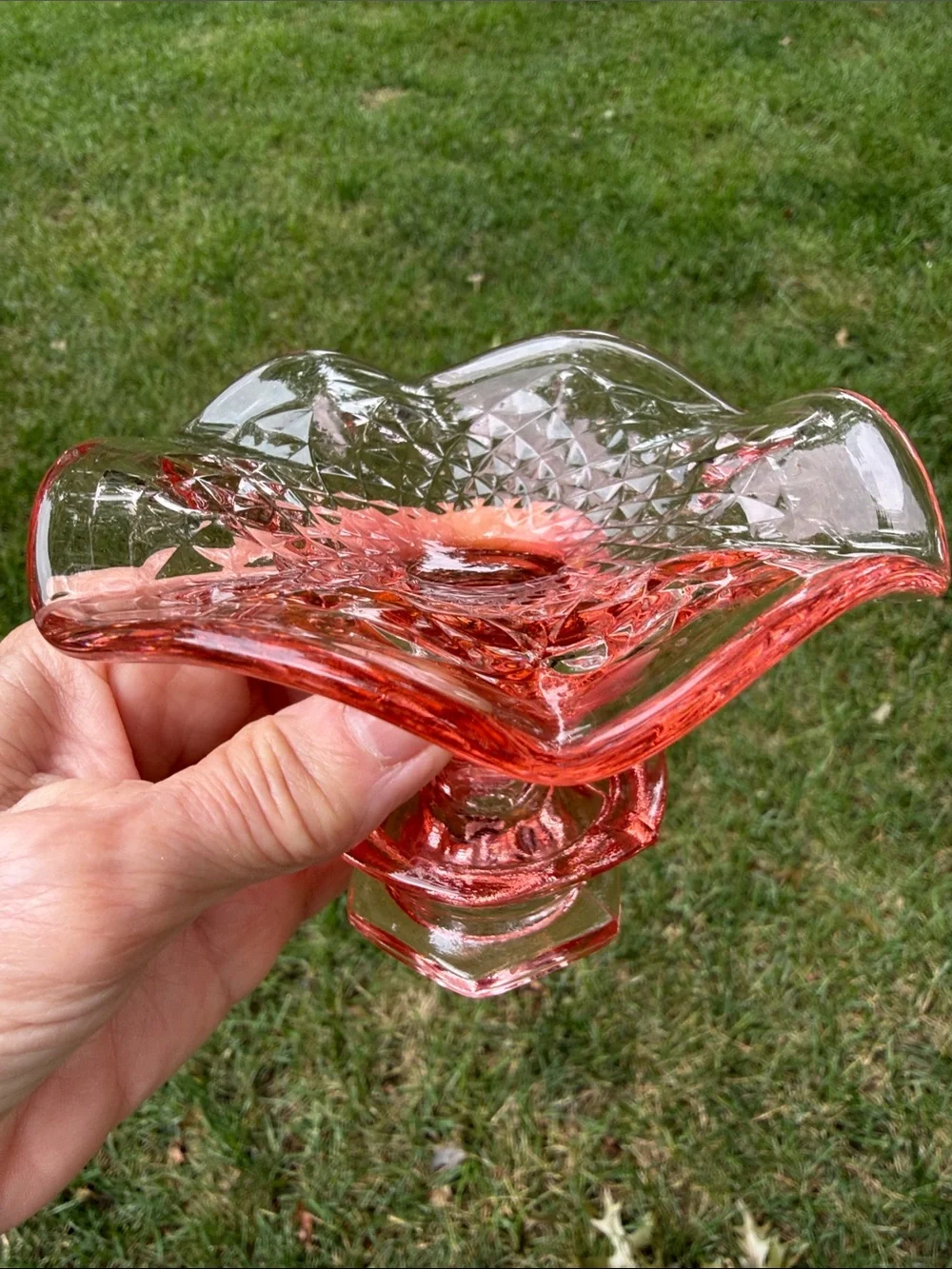 Pink Depression Glass Candle Holder with Unique Scalloped & Patterned Base EC